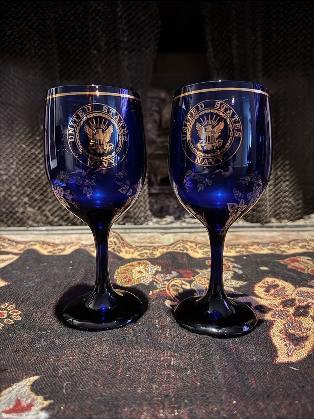 United States Navy Cobalt Blue Etched Wine Glasses with Gold Trim - Set of 2